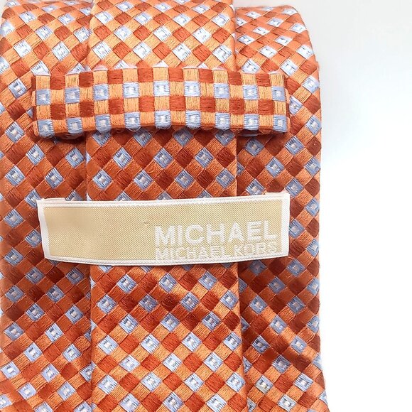 Michael Kors Men's Tie Orange Blue Checkered 100% Silk Tie 59" Length - Picture 4 of 11